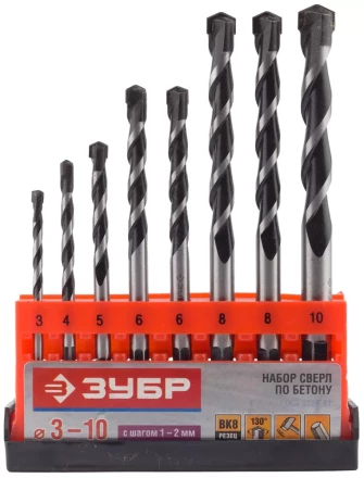 Набор ЗУБР Свёрла "СУПЕР-6" по бетону, ударные, с шестигранным хвостовиком, 3; 4; 5; 6; 6; 8; 8; 10мм, 8шт 2916-H8_z01 купить в Нижневартовске
