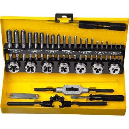 Набор метчиков и плашек STAYER "MASTER", плашки 7шт, метчики компл. 21шт, метчикодерж. 1шт, плашкодерж. 1шт, резьбомер 1шт, отвертка 1шт, 32 предмета 28014-H32 купить в Нижневартовске