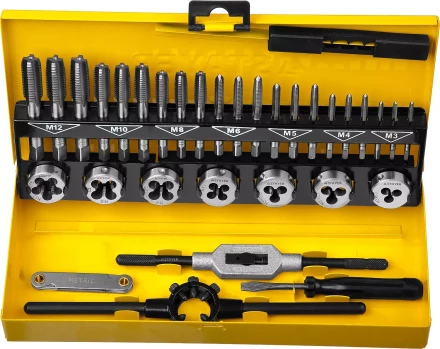 Набор метчиков и плашек STAYER "MASTER", плашки 7шт, метчики компл. 21шт, метчикодерж. 1шт, плашкодерж. 1шт, резьбомер 1шт, отвертка 1шт, 32 предмета 28014-H32 купить в Нижневартовске