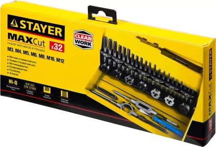 Набор метчиков и плашек STAYER "MASTER", плашки 7шт, метчики компл. 21шт, метчикодерж. 1шт, плашкодерж. 1шт, резьбомер 1шт, отвертка 1шт, 32 предмета 28014-H32 купить в Нижневартовске