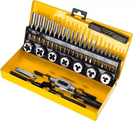 Набор метчиков и плашек STAYER "MASTER", плашки 7шт, метчики компл. 21шт, метчикодерж. 1шт, плашкодерж. 1шт, резьбомер 1шт, отвертка 1шт, 32 предмета 28014-H32 купить в Нижневартовске