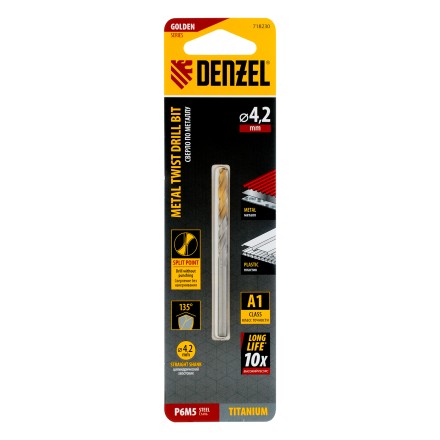 Сверло спиральное по металлу Denzel 4,2 x 75 мм, Р6М5, Golden Tip, 718230 купить в Нижневартовске
