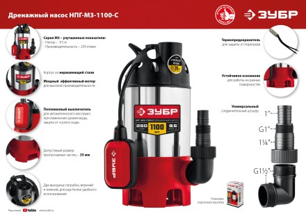 ЗУБР 1100 Вт, дренажный насос для грязной воды, корпус - нерж. сталь (НПГ-М3-1100-С) купить в Нижневартовске