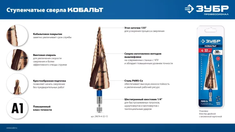 ЗУБР КОБАЛЬТ 6-30мм, 13 ступеней, винтовая проточка, сверло ступенчатое, ПРОФЕССИОНАЛ (29674-6-30-13) купить в Нижневартовске
