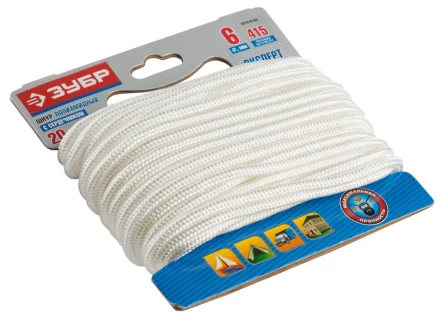 Шнур ЗУБР полиамидный, плетеный, повышенной нагрузки, с сердечником, белый, d 6, 20м 50310-06-020 купить в Нижневартовске