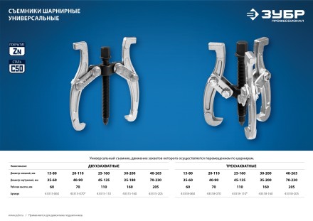 ЗУБР внешний d 30 - 200 мм, внутренний d 35 - 200 мм, шарнирный трехзахватный съемник, Профессионал (43318-160) купить в Нижневартовске