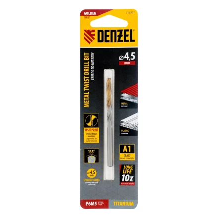 Сверло спиральное по металлу Denzel 4,5 x 80 мм, Р6М5, Golden Tip, 718231 купить в Нижневартовске