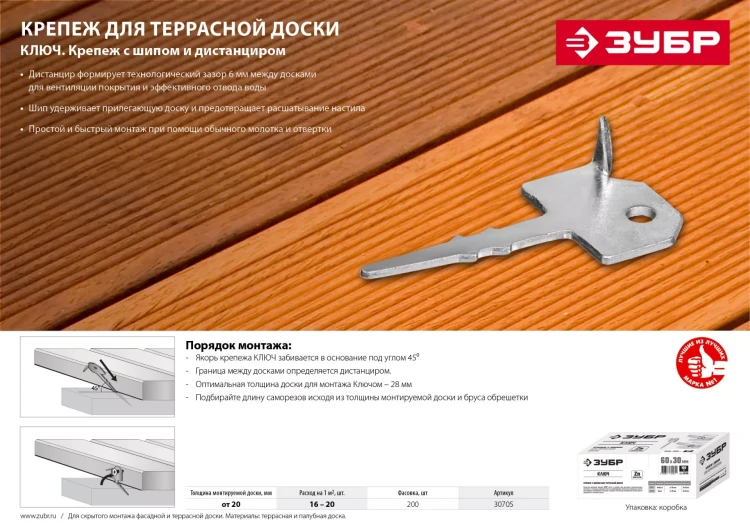 Крепеж Ключ с шипом для террасной доски серия МАСТЕР купить в Нижневартовске