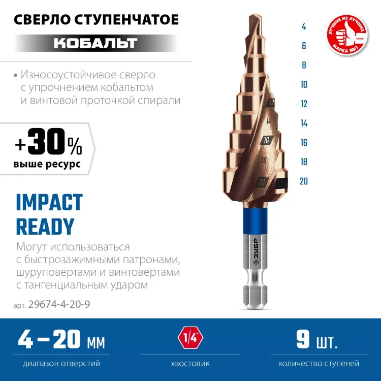 ЗУБР КОБАЛЬТ 4-20мм, 9 ступеней, винтовая проточка, сверло ступенчатое, серия Профессионал(29674-4-20-9) купить в Нижневартовске