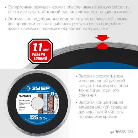 ЗУБР Чисторез, 125 мм, (22.2 мм, 5 х 1.1 мм), сплошной алмазный диск, Профессионал (36663-125) купить в Нижневартовске