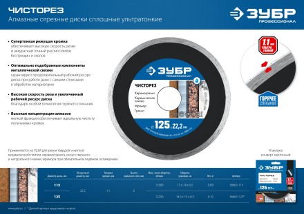 ЗУБР Чисторез, 125 мм, (22.2 мм, 5 х 1.1 мм), сплошной алмазный диск, Профессионал (36663-125) купить в Нижневартовске