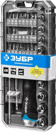 Набор ЗУБР &quot;ПРОФЕССИОНАЛ&quot;: Отвертка реверсив с двухкомп рукоят, насадки, CrMo, рукоят с отсеком для хранения бит, 38 предметов 25352-H38 купить в Нижневартовске