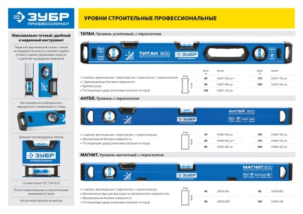 Уровень ЗУБР &quot;ПРОФЕССИОНАЛ&quot; &quot;АНТЕЙ&quot; с перископом, фрезерованная базовая поверхность, 2 цельные противоударные ампулы, 60см 34586-060_z01 купить в Нижневартовске