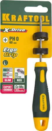 Отвертка KRAFTOOL, Cr-Mo-V сталь, двухкомпонентная противоскользящая рукоятка, PH, №0x60мм 250072-0-060 купить в Нижневартовске