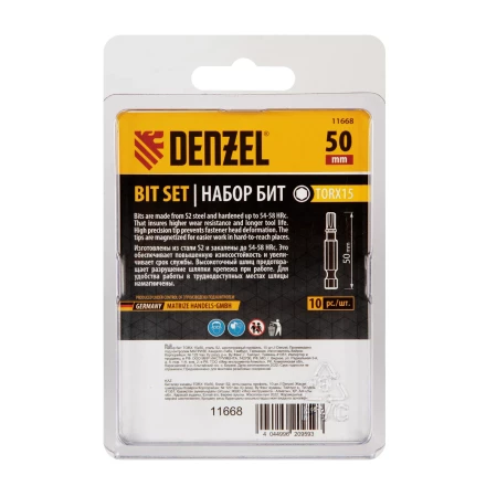 Бита TX 15х50, сталь S2, шестигранный профиль, 10 шт. Е 6,3 Denzel 11668 купить в Нижневартовске