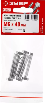 Болт ГОСТ 7798-70, M6 x 40 мм, 5 шт, кл. пр. 5.8, оцинкованный, ЗУБР 303086-06-040 купить в Нижневартовске