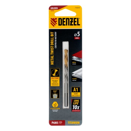 Сверло спиральное по металлу Denzel 5 x 86 мм, Р6М5, Golden Tip, 718233 купить в Нижневартовске