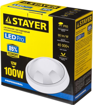 Светильник STAYER &quot;PROFI&quot; PROLight светодиодный, влагозащищенный IP65, пластиковый корпус, PC, влагозащищенный, круг, белый, 4000К, 12(100Вт) 57362-100-W купить в Нижневартовске