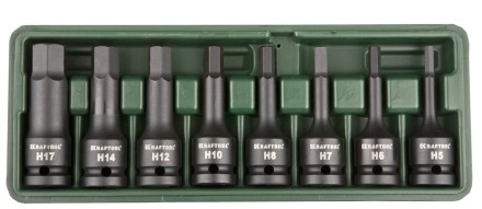 Торцовые головки KRAFTOOL &quot;INDUSTRIE QUALITAT&quot; ударные в наборе, (1/2&quot;), Cr-Mo, фосфат., HEX, H5-H17, 8 шт. 27950-H8 купить в Нижневартовске