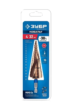 ЗУБР КОБАЛЬТ 4-32мм, 15 ступеней, винтовая проточка, сверло ступенчатое, ПРОФЕССИОНАЛ (29674-4-32-15) купить в Нижневартовске