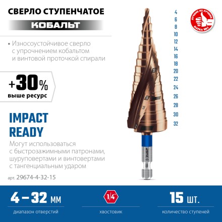 ЗУБР КОБАЛЬТ 4-32мм, 15 ступеней, винтовая проточка, сверло ступенчатое, ПРОФЕССИОНАЛ (29674-4-32-15) купить в Нижневартовске