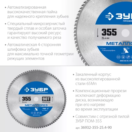 ЗУБР Металлорез, 355 х 25.4 мм, 90Т, пильный диск по металлу и металлопрофилю, Профессионал (36932-355-25.4-90) купить в Нижневартовске