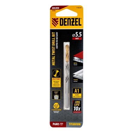 Сверло спиральное по металлу Denzel 5,5 x 93 мм, Р6М5, Golden Tip 718234 купить в Нижневартовске