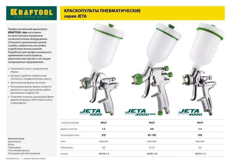 Краскопульт пневматический KRAFTOOL "PRO" Jeta 1000, HVLP, c верхним бачком, 1,3мм 06559-1.3 купить в Нижневартовске