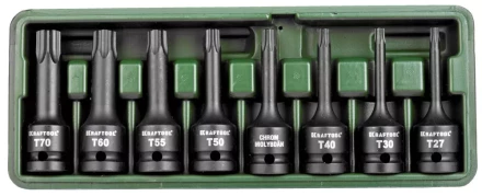 Торцовые головки KRAFTOOL "INDUSTRIE QUALITAT" ударные в наборе, (1/2"), Cr-Mo, фосфат., TORX, T27-T70, 8 шт. 27952-H8 купить в Нижневартовске