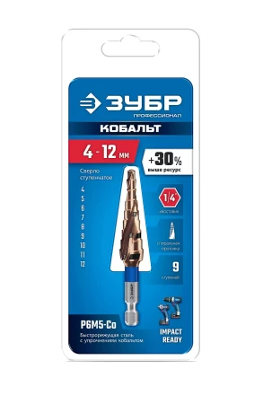 ЗУБР КОБАЛЬТ 4-12мм, 9 ступеней, винтовая проточка, сверло ступенчатое, серия Профессионал(29674-4-12-9) купить в Нижневартовске