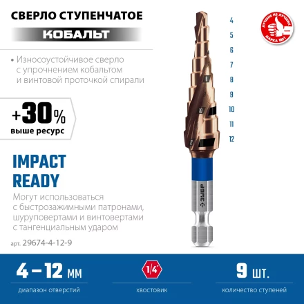 ЗУБР КОБАЛЬТ 4-12мм, 9 ступеней, винтовая проточка, сверло ступенчатое, серия Профессионал(29674-4-12-9) купить в Нижневартовске