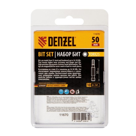 Бита TX 25х50, сталь S2, шестигранный профиль, 10 шт. Е 6,3 Denzel 11670 купить в Нижневартовске