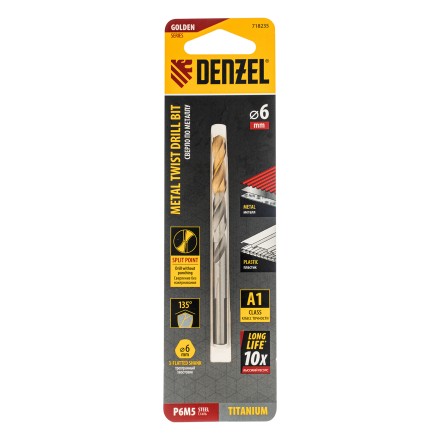 Сверло спиральное по металлу Denzel 6 x 93 мм, Р6М5, Golden Tip, 718235 купить в Нижневартовске