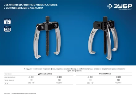 ЗУБР d 50 - 200 мм, шарнирный двухзахватный съемник с серповидными захватами, Профессионал (43322-160) купить в Нижневартовске