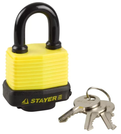 Замок STAYER "MASTER" навесной, всепогодный, пластиковая защита корпуса, с закаленной дужкой,на карточке, 50мм 37140-40 купить в Нижневартовске