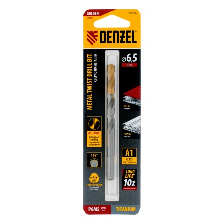 Сверло спиральное по металлу Denzel  6,5 x 100 мм, Р6М5, Golden Tip 718236 купить в Нижневартовске