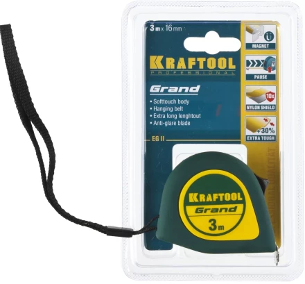 Рулетка KRAFTOOL GRAND, обрезиненный пластиковый корпус, 3м/16мм 34022-03-16 купить в Нижневартовске
