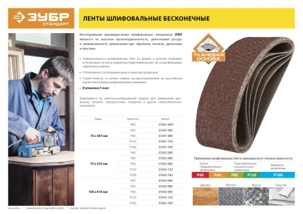Лента шлифовальная бесконечная ЗУБР "СТАНДАРТ" на тканевой основе, для ЛШМ, P60, 75х457мм, 5 шт 35341-060 купить в Нижневартовске
