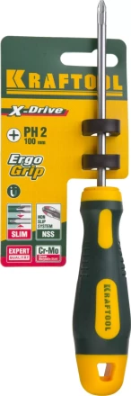Отвертка KRAFTOOL, Cr-Mo-V сталь, двухкомпонентная противоскользящая рукоятка, PH, №2x100мм 250072-2-100 купить в Нижневартовске