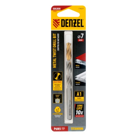Сверло спиральное по металлу Denzel 7,0 x 109 мм, Р6М5, Golden Tip, 718237 купить в Нижневартовске
