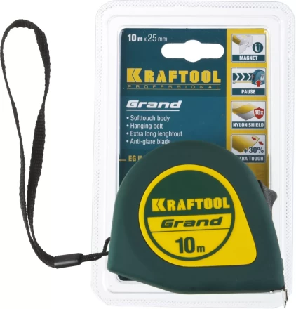 Рулетка KRAFTOOL GRAND, обрезиненный пластиковый корпус, 10м/25мм 34022-10-25 купить в Нижневартовске