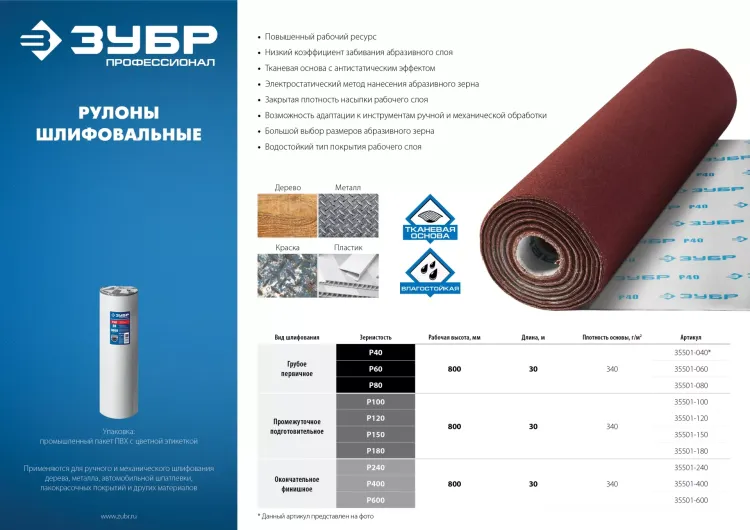 ЗУБР Р600, 800 мм, 30 м, водостойкий, шлифовальный рулон на тканевой основе, Профессионал (35501-600) купить в Нижневартовске