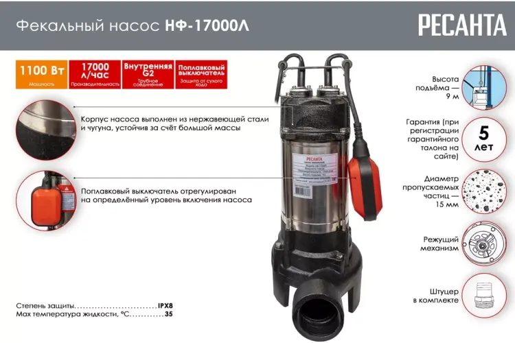 Фекальный насос Ресанта НФ-17000Л с измельчителем 77/5/3 купить в Нижневартовске