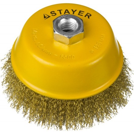 STAYER &quot;PROFESSIONAL&quot;. Щетка чашечная для УШМ, витая стальная латунированная проволока 0,3мм, 125ммхМ14 35125-125 купить в Нижневартовске