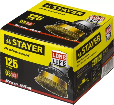 STAYER "PROFESSIONAL". Щетка чашечная для УШМ, витая стальная латунированная проволока 0,3мм, 125ммхМ14 35125-125 купить в Нижневартовске