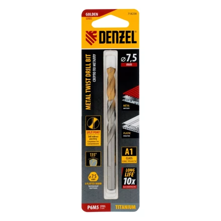 Сверло спиральное по металлу Denzel 7,5 x 109 мм, Р6М5, Golden Tip, 718238 купить в Нижневартовске