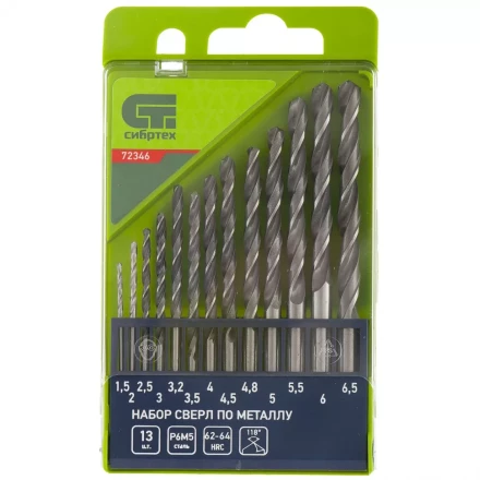 Набор сверл по металлу 1,5 - 6,5 мм 13 штук Р6М5 пластиковый кейс СИБРТЕХ артикул 72346 купить в Нижневартовске