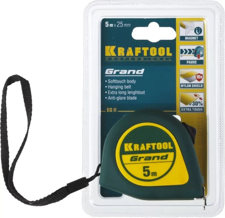 Рулетка KRAFTOOL GRAND, обрезиненный пластиковый корпус, 5м/25мм 34022-05-25 купить в Нижневартовске