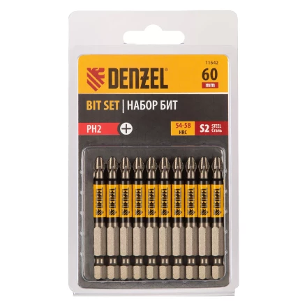 Бита PH2х60, сталь S2, цилиндр., 10 шт. Е 6,3 Denzel 11642 купить в Нижневартовске