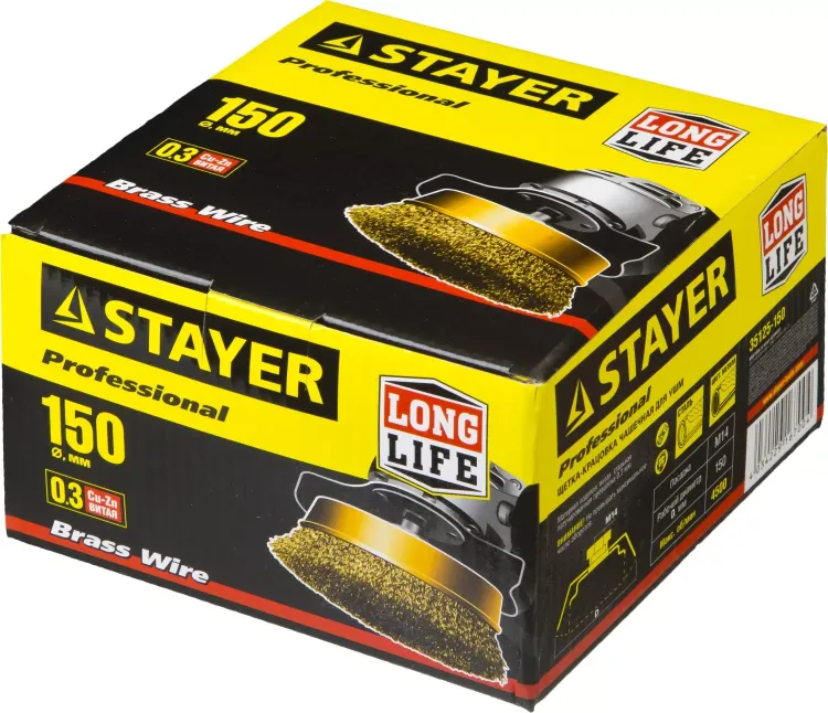 STAYER "PROFESSIONAL". Щетка чашечная для УШМ, витая стальная латунированная проволока 0,3мм, 150ммхМ14 35125-150 купить в Нижневартовске